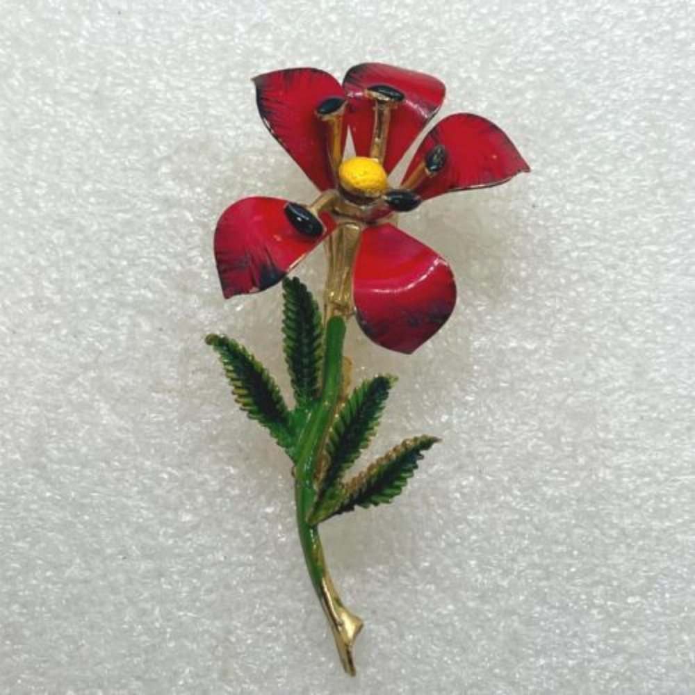HATTIE CARNEGIE Vintage FLOWER BROOCH Pin Red Enamel Costume Jewelry